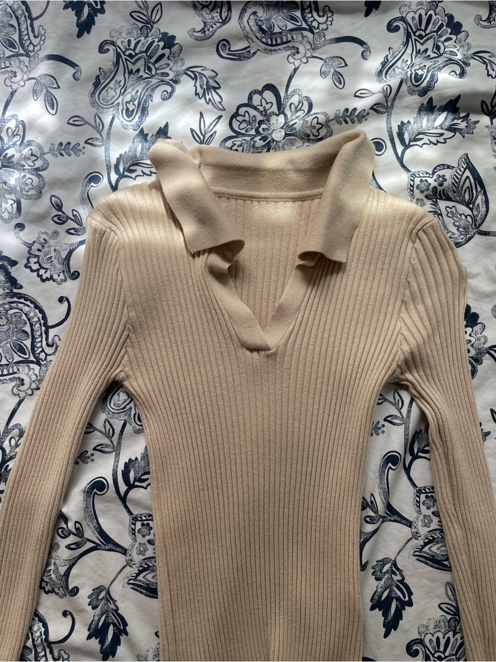 Cream Ribbed Collared Top - Picture 3 of 4